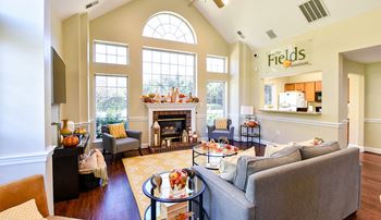 a living room with couches and chairs and a fireplace